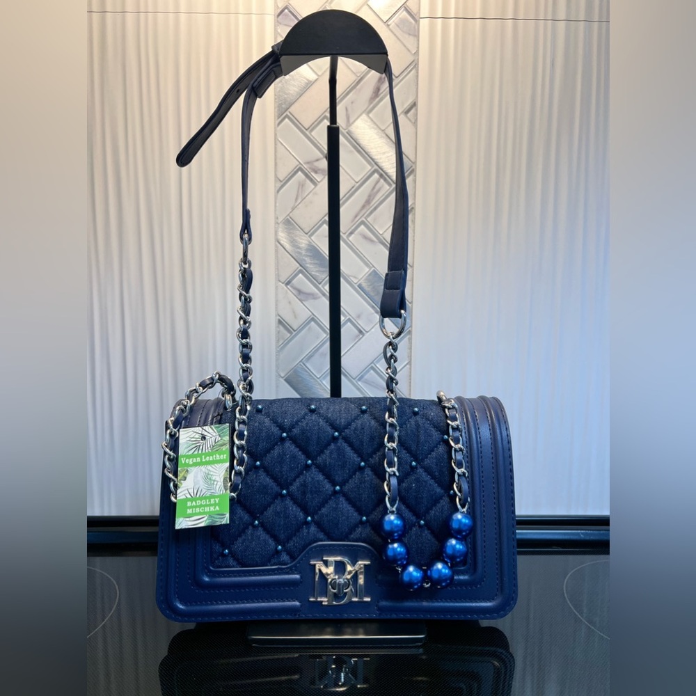 NEW Denim Quilted Turn lock Crossbody Faux Pearl Badgley Mischka